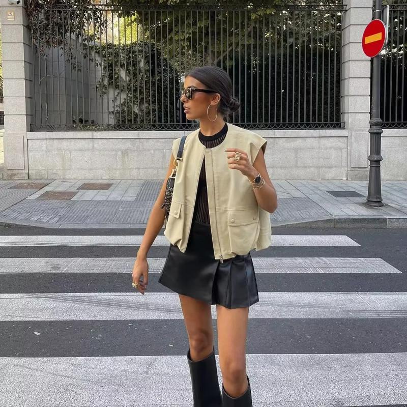 Y2K Summer Loose Casual Cardigan Women's Vest Fashion Lunch Break Solid Colour Zip Vest