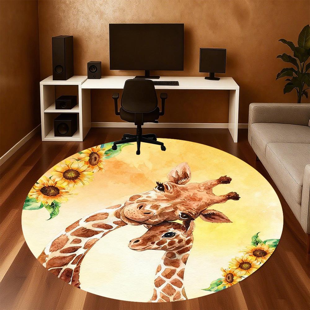 1pc Giraffe Sunflower Round Chair mat office Area Rug - Non-Slip, Floor Mat for Office, Bedroom, and Indoor Decor p127284