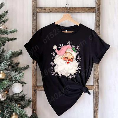 Christmas Pink Santa Claus Print T-shirts For Women Summer Casual Soft Loose Short Sleeve T Shirt Round Neck Tops Ladies T-Shirt