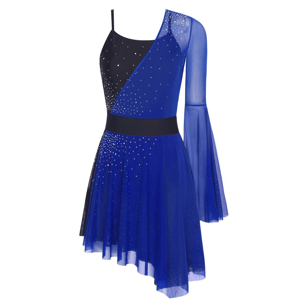 Womens Shiny Figure Skating Dress Color Block Mesh One Flare Sleeve Built In Briefs Irregular Leotard