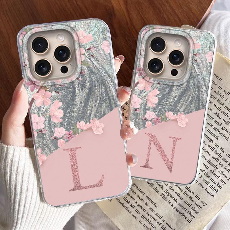 Case For iPhone 16 Pro Max 15 13 14 Plus 5G Phone Cover A-Z Letter Pink Flowers For iPhone 17 Air Shockproof Couple Hard Back