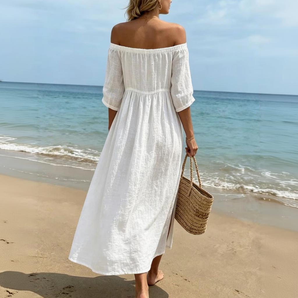 Women Off Shoulder Midi Dress Three Quarter Sleeve Pleated Linen Cotton Blend Loose Fit High Waist Side Slit Summer Casual Dress