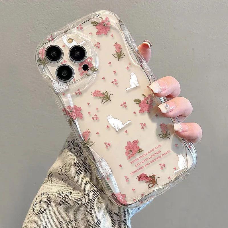 Fresh Floral Cat iPhone17Promax Mobile Phone Case Transparent for Apple 16promax Cream Case 15