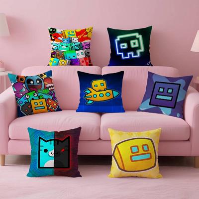 Anime Happy Cartoon Geometry Dash Video Game Pillow Case Anti-dustmite Pillowcase Invisible Zipper Silky Short Plush Sofa Cushio