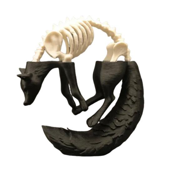 3D Printed Fox Ornament Half Skeleton Half Flesh Curled-up Fox Figurine Artistic Fox Statue Collectible for Table Shelf Decoration