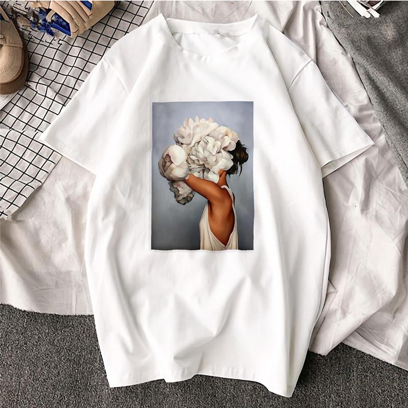 

Женщины Хлопок футболка Цветок Перо Печати Короткие рукава Top