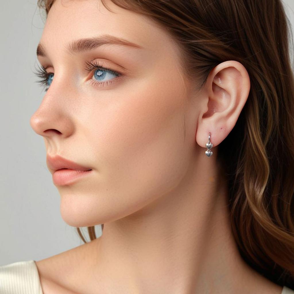 Silver double hanging HEART earrings with open hooks
