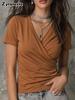 Summer New Women's T-Shirt Casual Short Sleeve Ruched V-Neck Top for Women