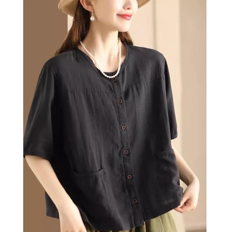 Women's 2024 Summer Cotton Linen Mid-Sleeve Cardigan Shirt - Casual, Slimming, Single-Breasted Design