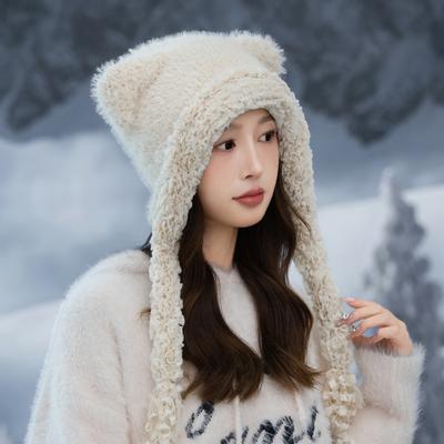 Sweet and Cute Bear Ear Plush Warm Hat Winter Outdoor Plus Velvet Thickened Cold Hat Big Head Flange Hat