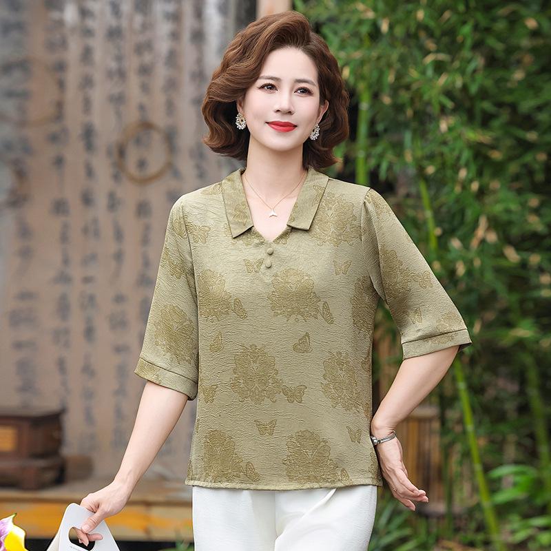 

2026 Summer Fashion Loose Five-Point Sleeve Top for Middle-Aged and Elderly Women 2XL зелений