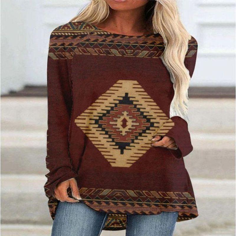 New 3D Ethnic Tribal Style Printed Round Neck Women's T-shirt Long-sleeved Bottoming Shirt Casual Loose Top Breathable Pullover