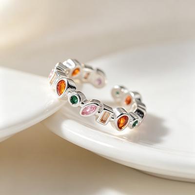 BF CLUB 925 Sterling Rings for Women Simple Geometric Handmade Irregular Retro Colorful Zircon Ring Allergy For Birthday Gift