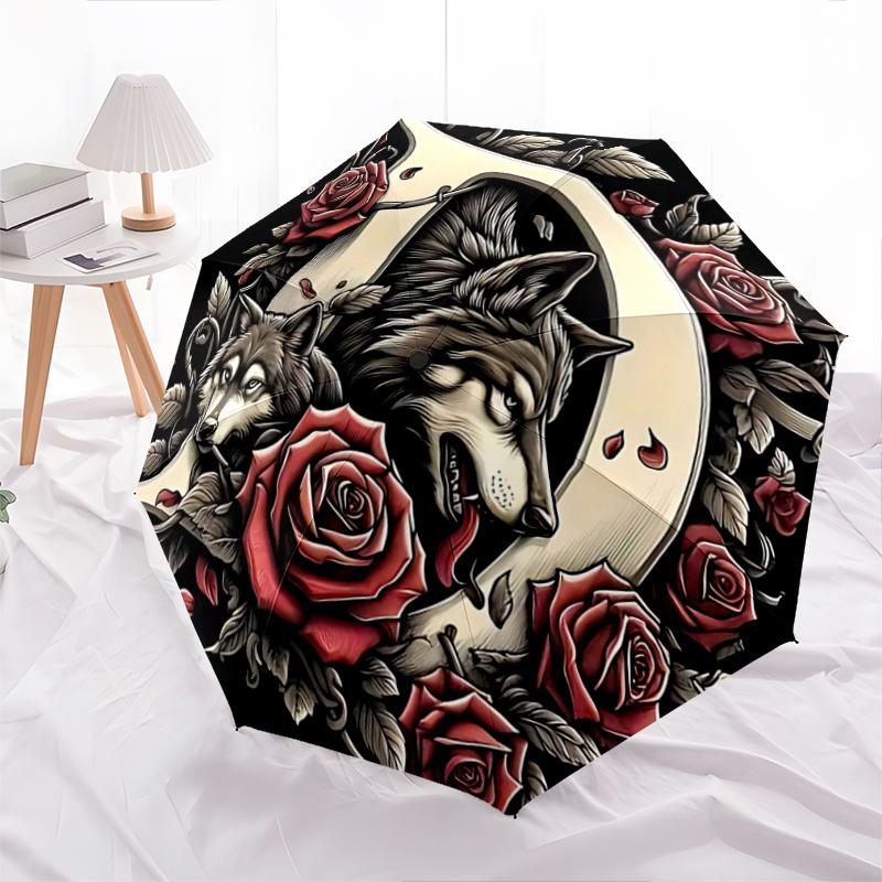1pc Daring Wolves Automatic Open/ClosePractical Umbrella-CuteUmbrella with Cute Design, Portable 3-Fold Compact Umbrella for Men & Women, Valentine's
