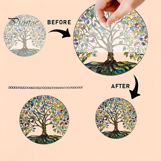Indoor Outdoor Suncatcher Tree of Life Round Hanging Sign, Stained Glass Acrylic Sign Decoration, Window Wall Ornament for Sun Resistant