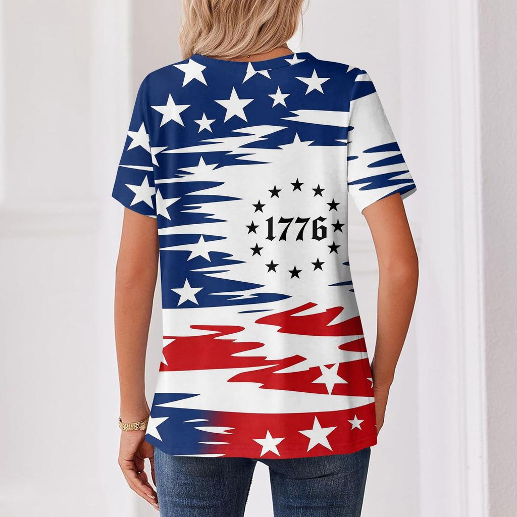 Damen-T-Shirt mit Aufdruck „Unabhängigkeitstag“ und Knopfleiste, kurzärmelig, für den Alltag und das Wochenende, modisch, Basic, V-Ausschnitt, normales Oberteil