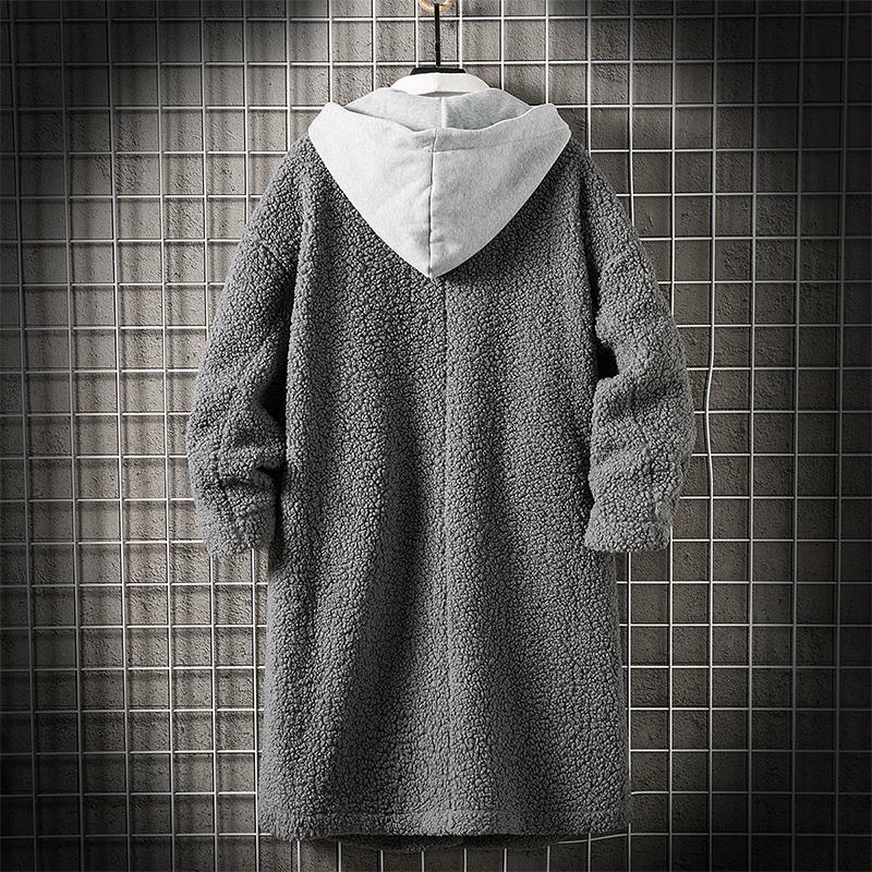 Herbst Winterlamm Wolle Mäntel Männer Mit Kapuze Lange Jacken Mode Beiläufige Lose Oberbekleidung Einfarbig Streetwear