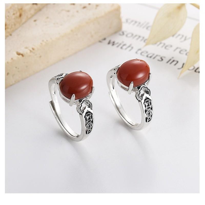 Adjustable Copper Ring With Red Agate Cabochon Motif Vintage Boho Jewelry Women Men