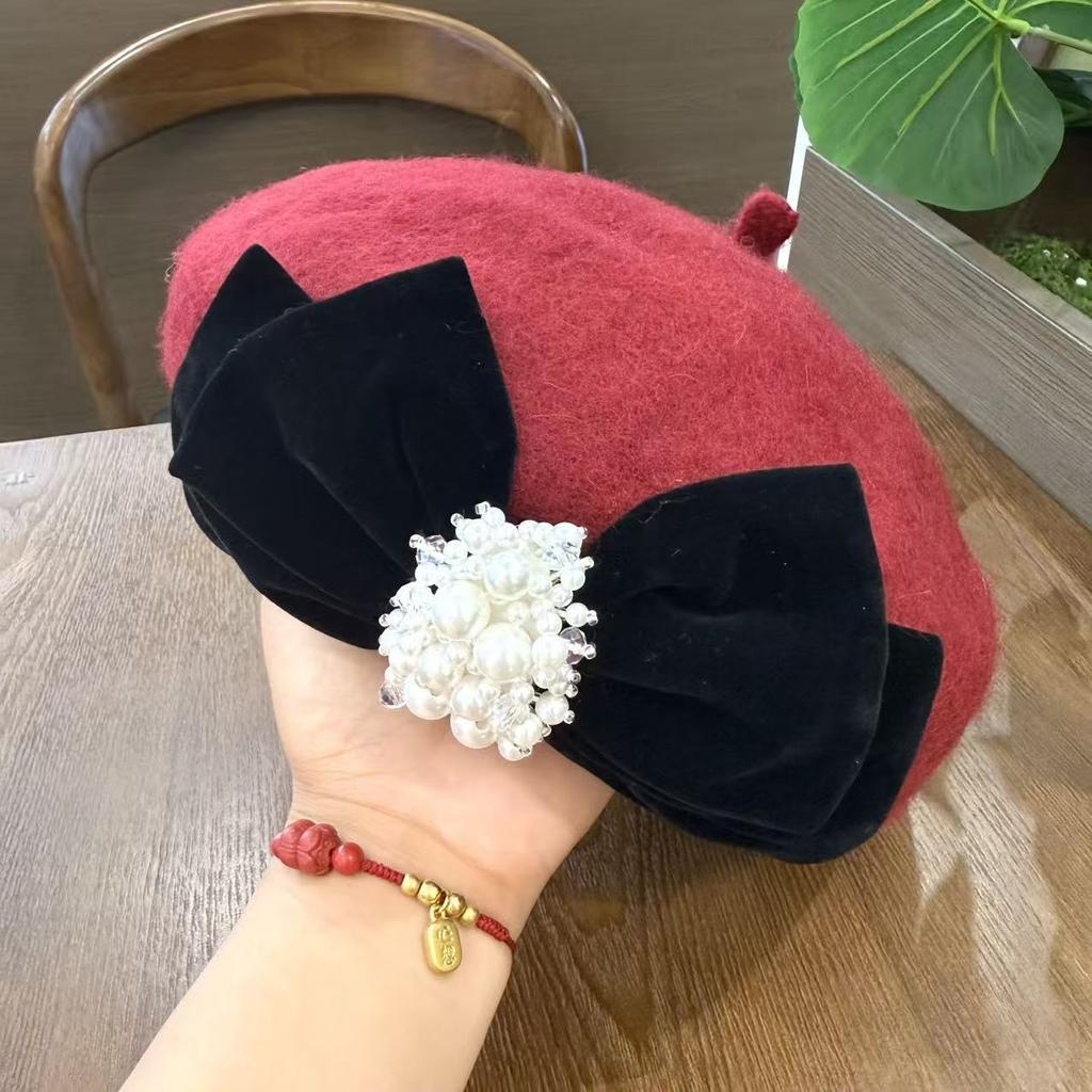 Autumn and winter bow beret woolen pearl versatile big head circumference showing face small painter hat flat top national style