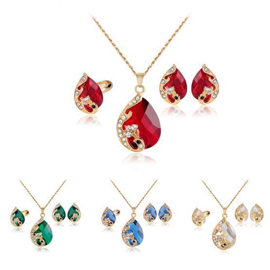 Women's Rhinestone Pendant Necklace Earrings Ring Party Wedding Jewelry Set