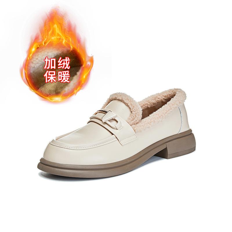 Leather Loafers Women's 2025 Winter New Velvet Warm Round Head Retro British Fashion Single Shoes Versatile Shoes