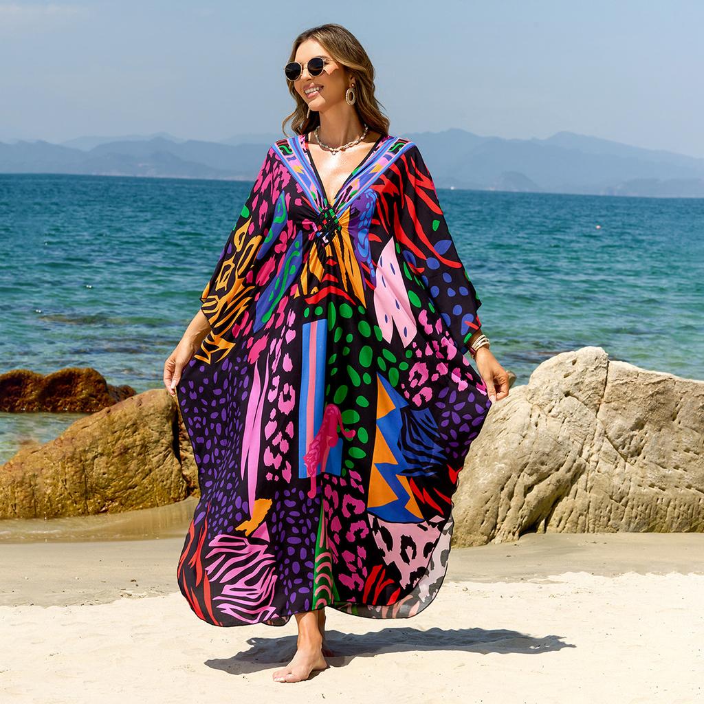 Beach Kaftans for Women Butterfly Printed Plus Size Cover Ups for Swimwear Maxi Dresses Summer Holiday Bathing Suits