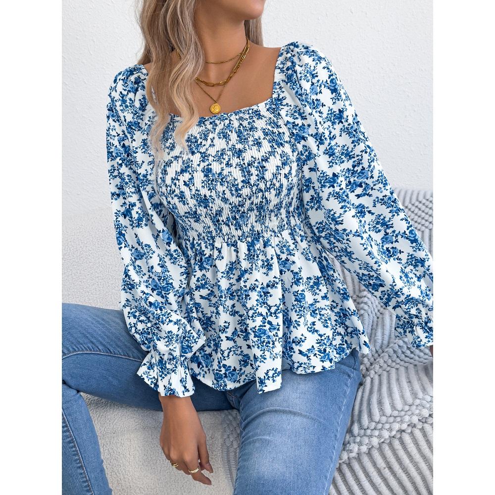 Women Spring Summer Chiffon Blouse and Shirts Long Sleeve Sequre Collar Floral Printing Shirt Tops blusas