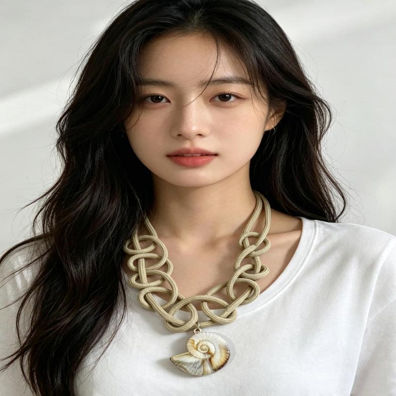 Boho Handwoven Thick Rope Necklace Imitation Conch Pendant Choker for Women Friend Holiday Gift Option