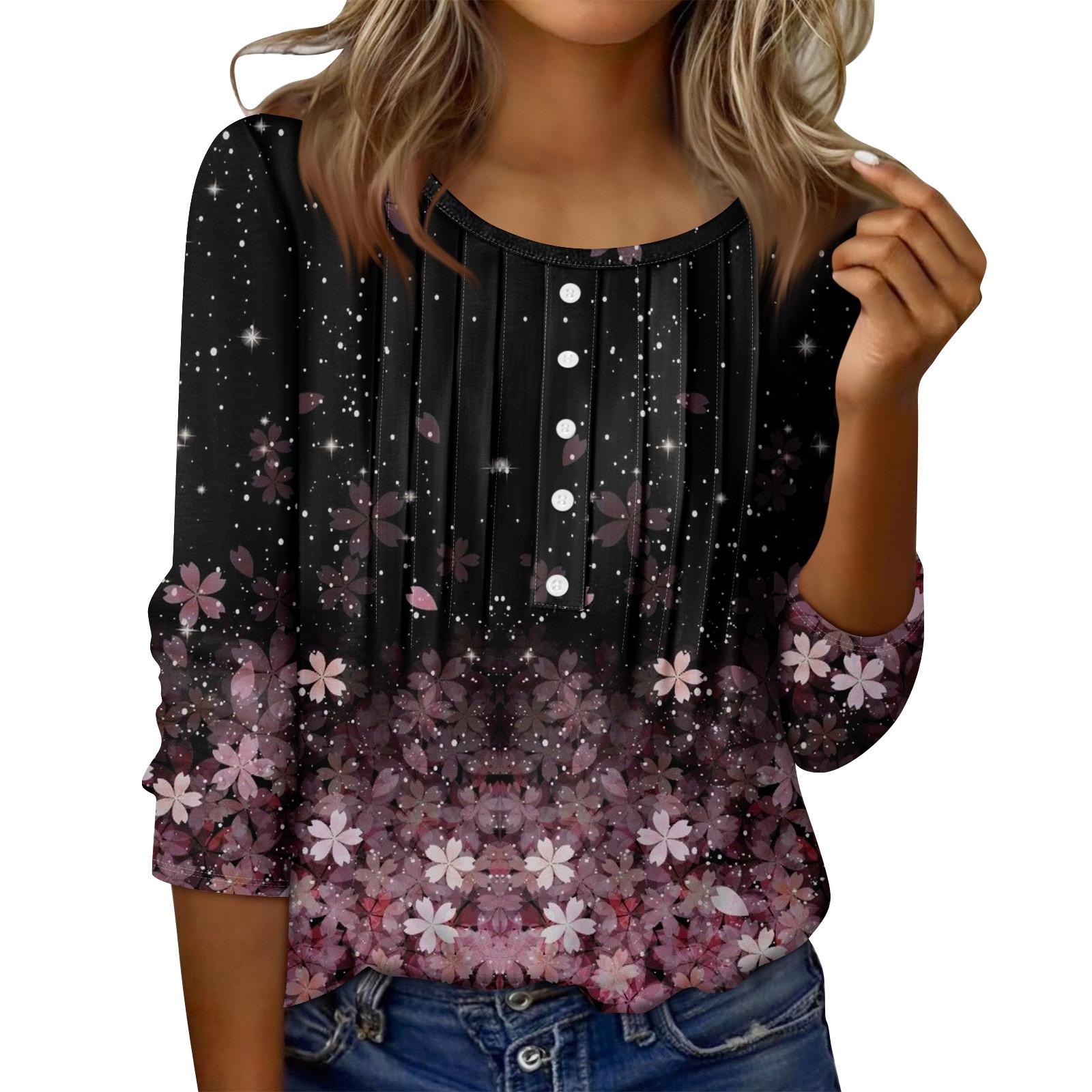 

Женский топ с круглым вырезом, декоративными пуговицами и полосками, повседневная футболка однотонного цвета с рукавом 3/4 XL розовый