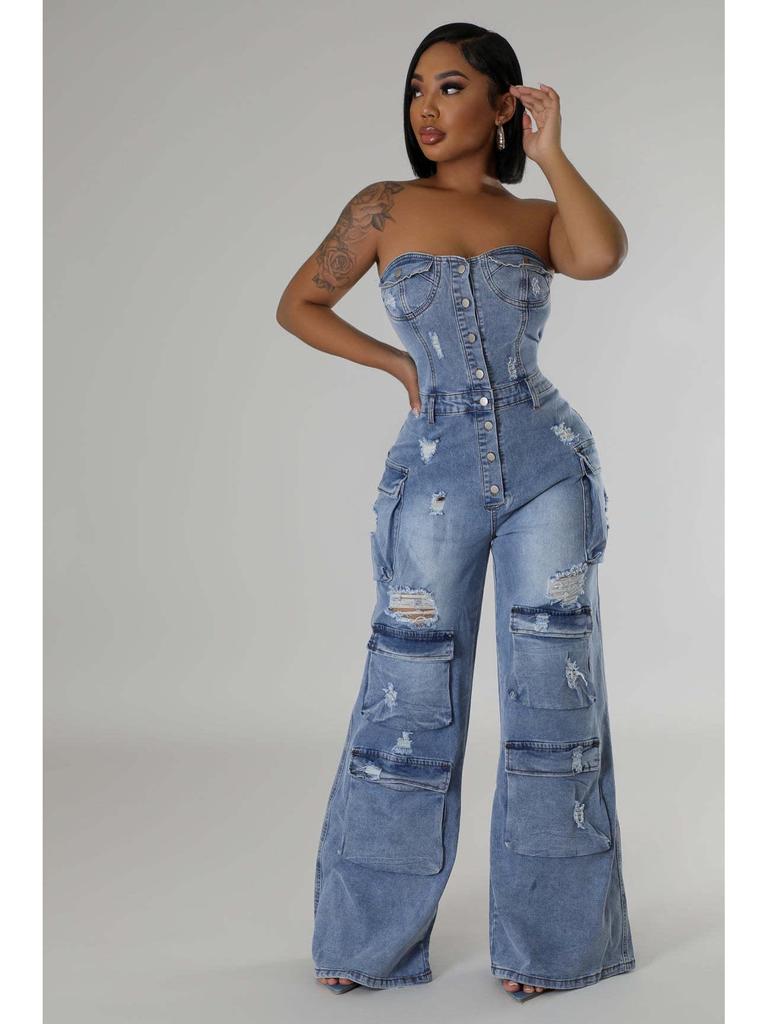 European & American Casual Strapless Slim-Fit Denim Jumpsuit for Women