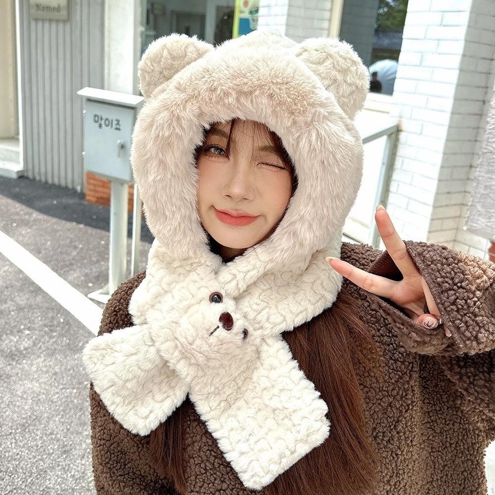Warm Bear Ear Hat Solid Color Winter Neckerchief Fashion 2 in 1 Plush Scarf Ski