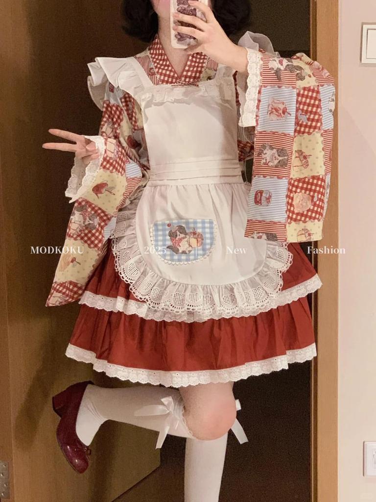 MODKOKU Lolita Maid Kimono Yukata with and Cherry Long and Long Girly Dreamy Mori Size XL Women's Dress, Checkered, Dog, Prints, Sleeves, Haori,
