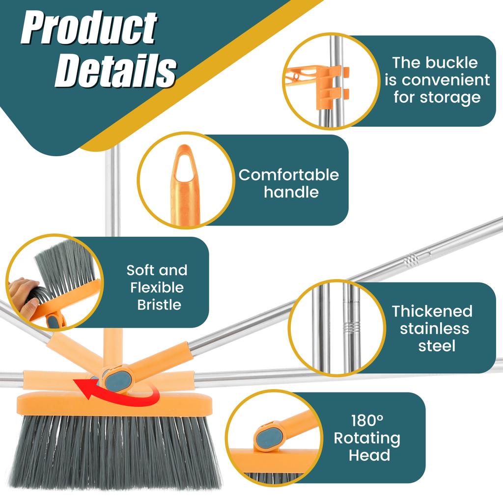 3Pcs Household Broom And Dustpan Set 180° Rotating Floor Sweeping Set with Long Handle Foldable Stand Dustpan and Broom Combo