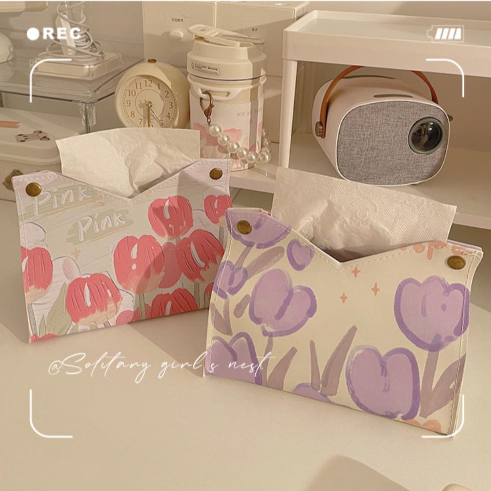 Tulip Print Tissue Box PU Living Room Paper Drawer New Storage Box