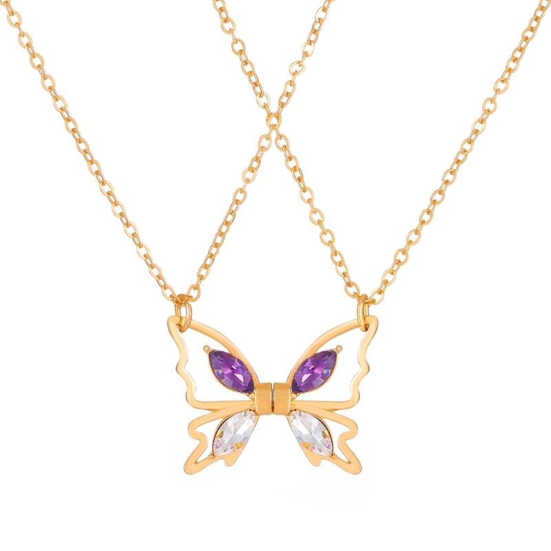 2Pcs Alloy Hollow Butterflies Pendant Necklace European American Zircon Inlay Friendship Couple Necklaces for Gift