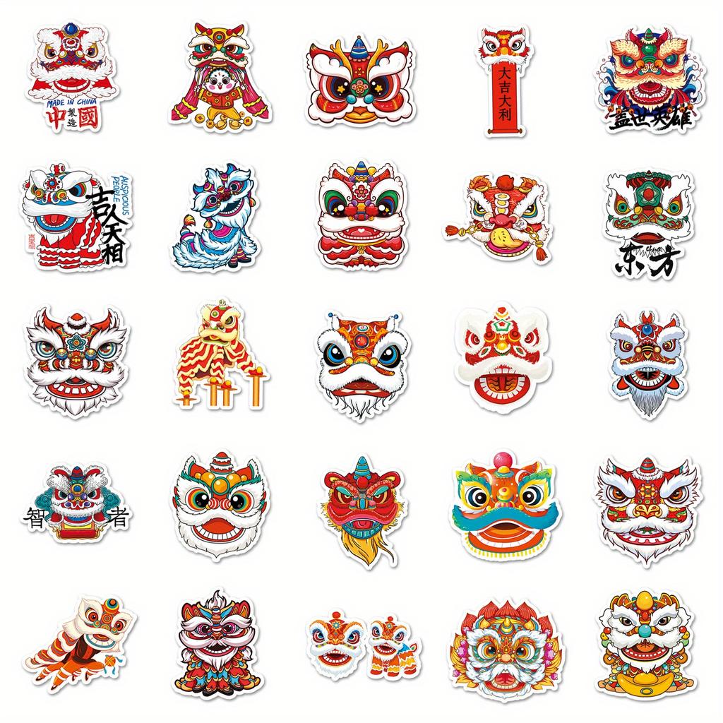 50pcs Lion Dance Chinese Style Cartoon Sticker Creative Lion Wake New Year Greeting Mobile Phone Shell Decorative Sticker