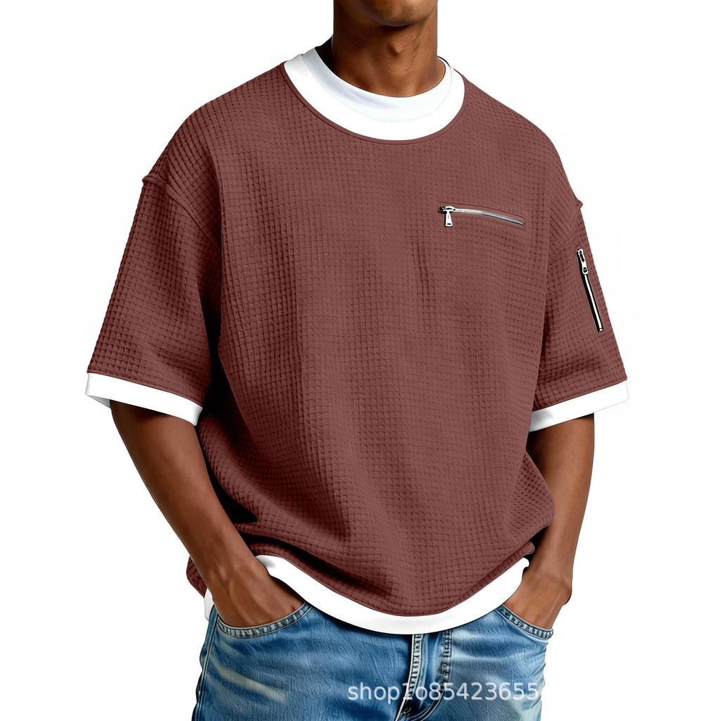 Simple Waffle-patterned Faux Two-piece Casual Short-sleeve T-shirt, Solid Color, New Men's Fashion, Color-blocking Top