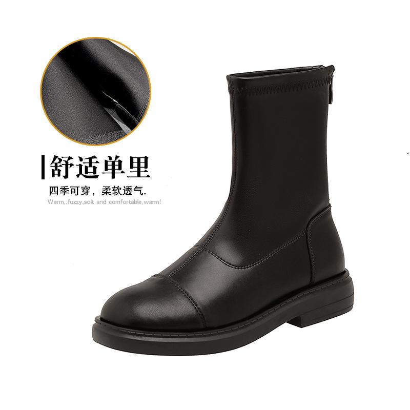 

Leather Elastic Skinny Boots Low Heel Short Boots Women s 2025 Autumn and Winter British Wind After Zipper Short Boots Martin Boots Skinny 35