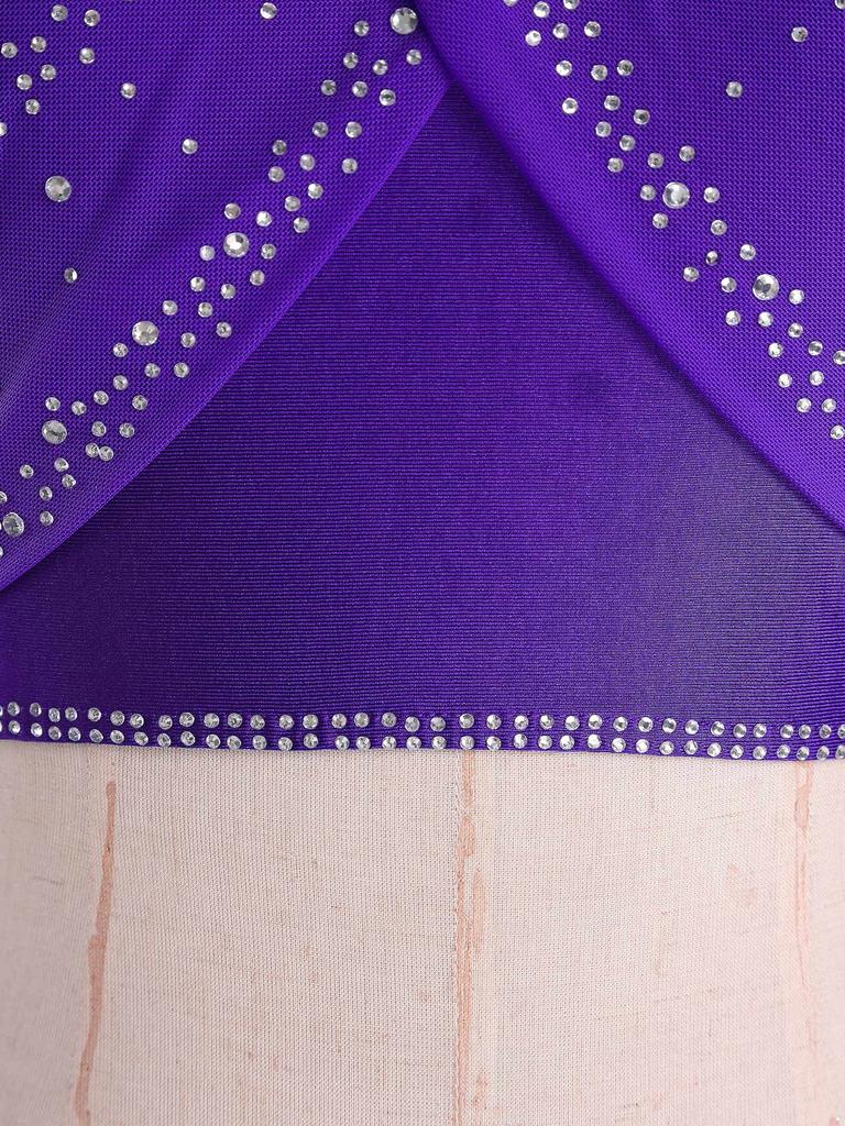 Womens Latin Dance Top Halter Sleeveless Strappy Backless Design Shiny Rhinestones Cross Front Ruched Mesh Crop Top