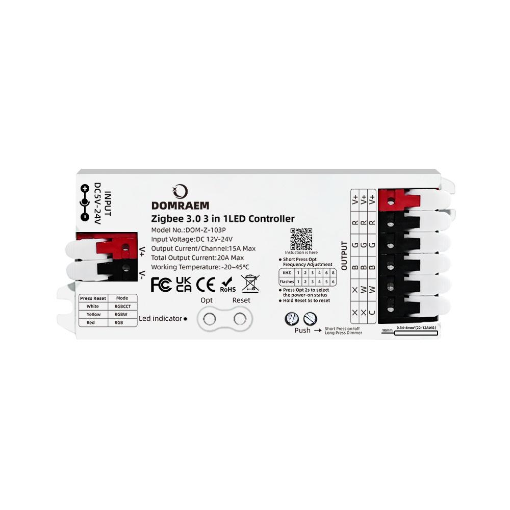 Zigbee 3.0 RGB/RGBW/RGBCCT 3-in-1 Controller 20A for Dimmable LED Strips, Hue-Compatible