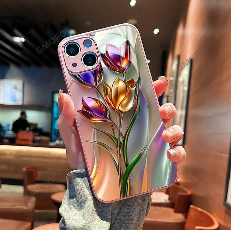 Metal texture tulip mobile phone case iPhone15promax high value glass mobile phone case Apple 17