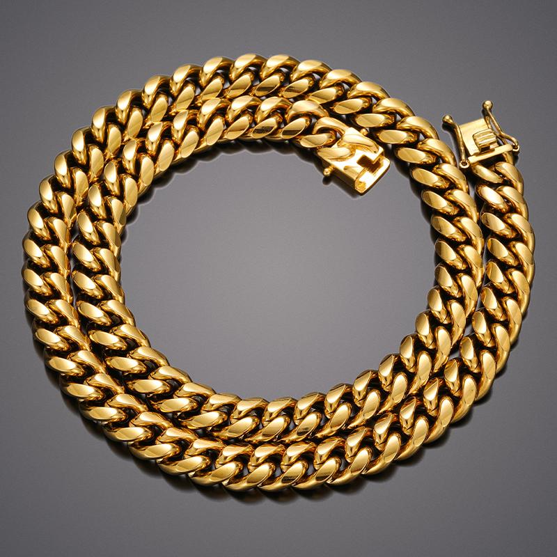 Factory Hip Hop Jewelry Men 8-14mm 18K Gold Plated Stainless Steel Miami Cuban Link Chain Luxury Necklace