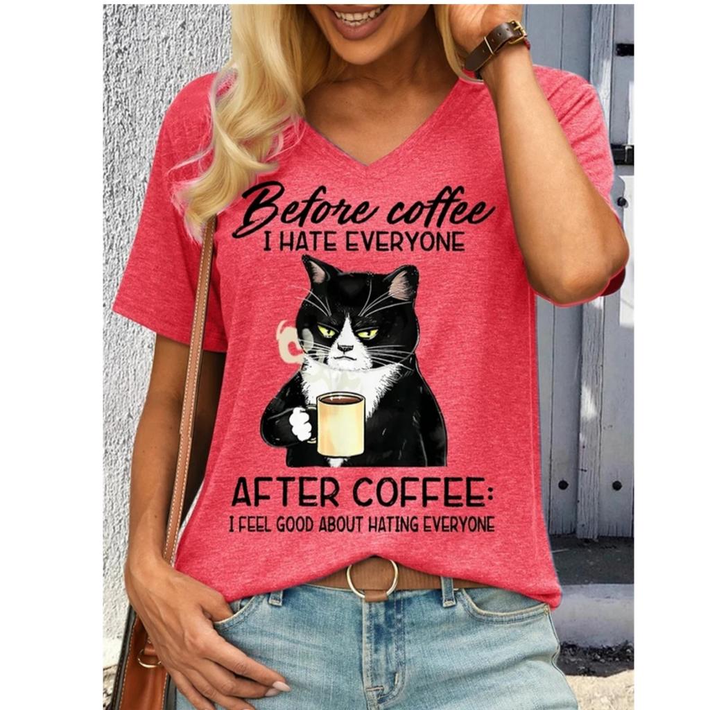 TShirt Women Summer Cute Cat Print V-Neck Sexy Polyester Harajuku Casual Pullover Cartoon Animals Female Streetwear Ladies Tops