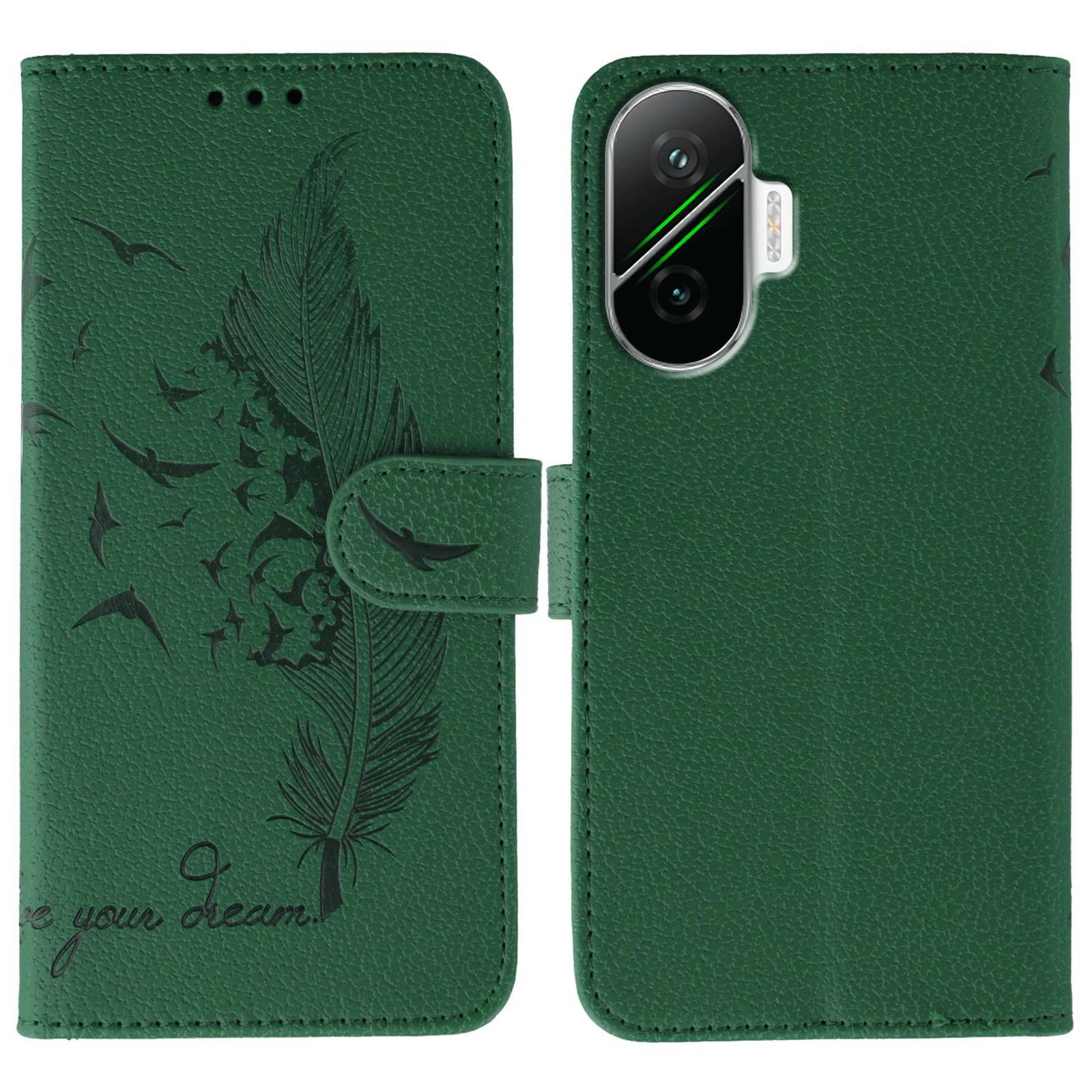 

For Xiaomi Poco F7 5G/Redmi Turbo 4 Pro 5G Case Feather Imprint PU Leather Wallet Phone Cover Green