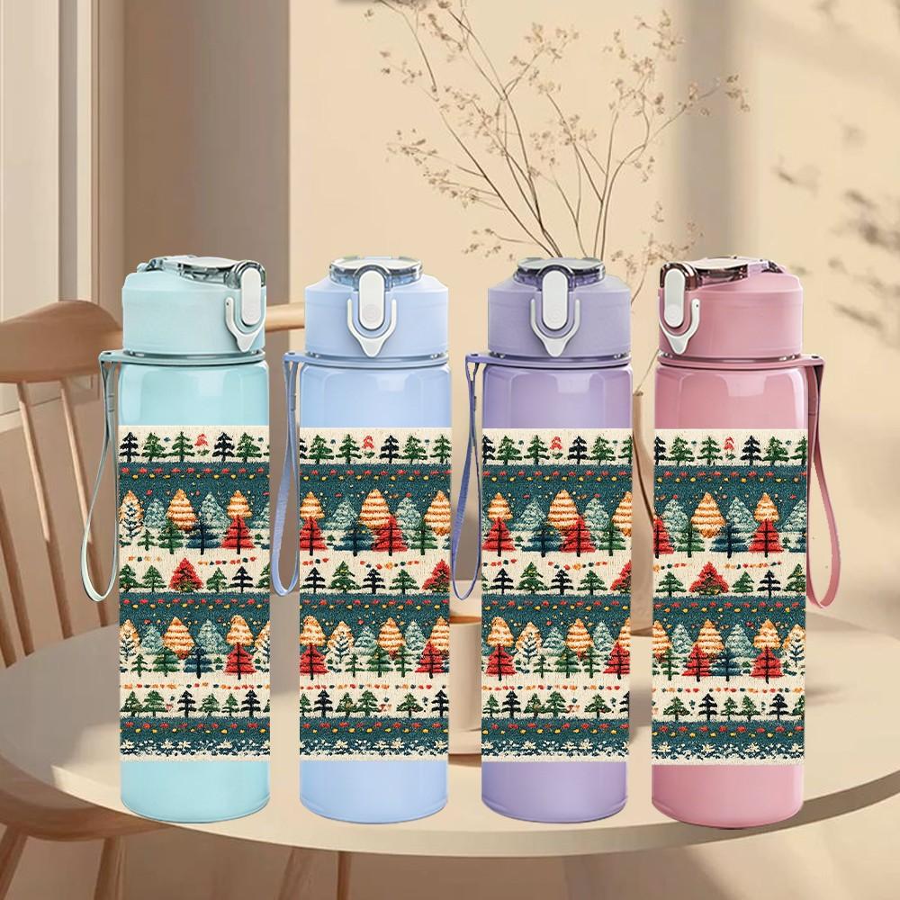 1PC Christmas Tree Seamless Pattern Print 750ml Color Plastic Sports Water Bottle Leakproof Flip Straw Lid Suitable for Sports Office Home Use