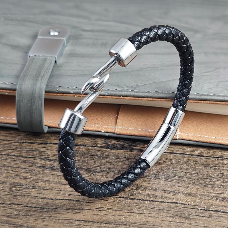 

New Fashion Woven Leather Rope Bracelet Punk Style Classic Stainless Steel Simple Hook Design Charm Men s Jewelry Gift 22cm срібний