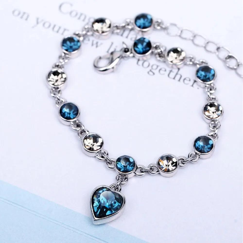 Women Copper Color Lucky Bracelet Female Blue Crystal Heart Charm Pulseras Bracelet Bridal Wedding Engagement Fine Jewelry Gift
