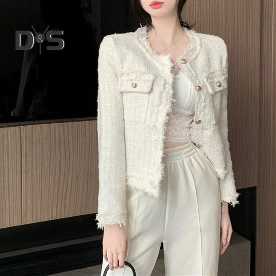 ז'קט נשים בסגנון סלבריטאי סוג קצר צווארון עגול שרוולים ארוכים קרדיגן עם חזה יחיד מעיל קרוע בגדי עליונים לסתיו חורף