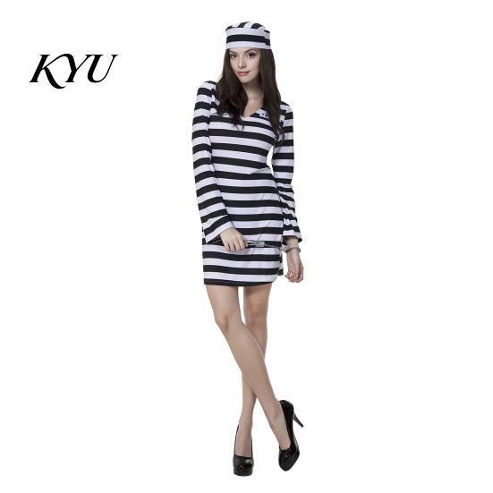Mini Robe Rayée Costume de Prisonnier pour Adulte, Robe Femme, Haut Pantalon Pantalon Homme, Tenues d'Halloween Uniforme d'Incarcéré avec Chapeau & Poignets