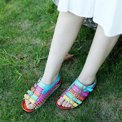 Echtes Leder Retro Damen Schuhe Sommer Farbe flache Sandalen Komfort atmungsaktive handbemalte Strandsandalen
